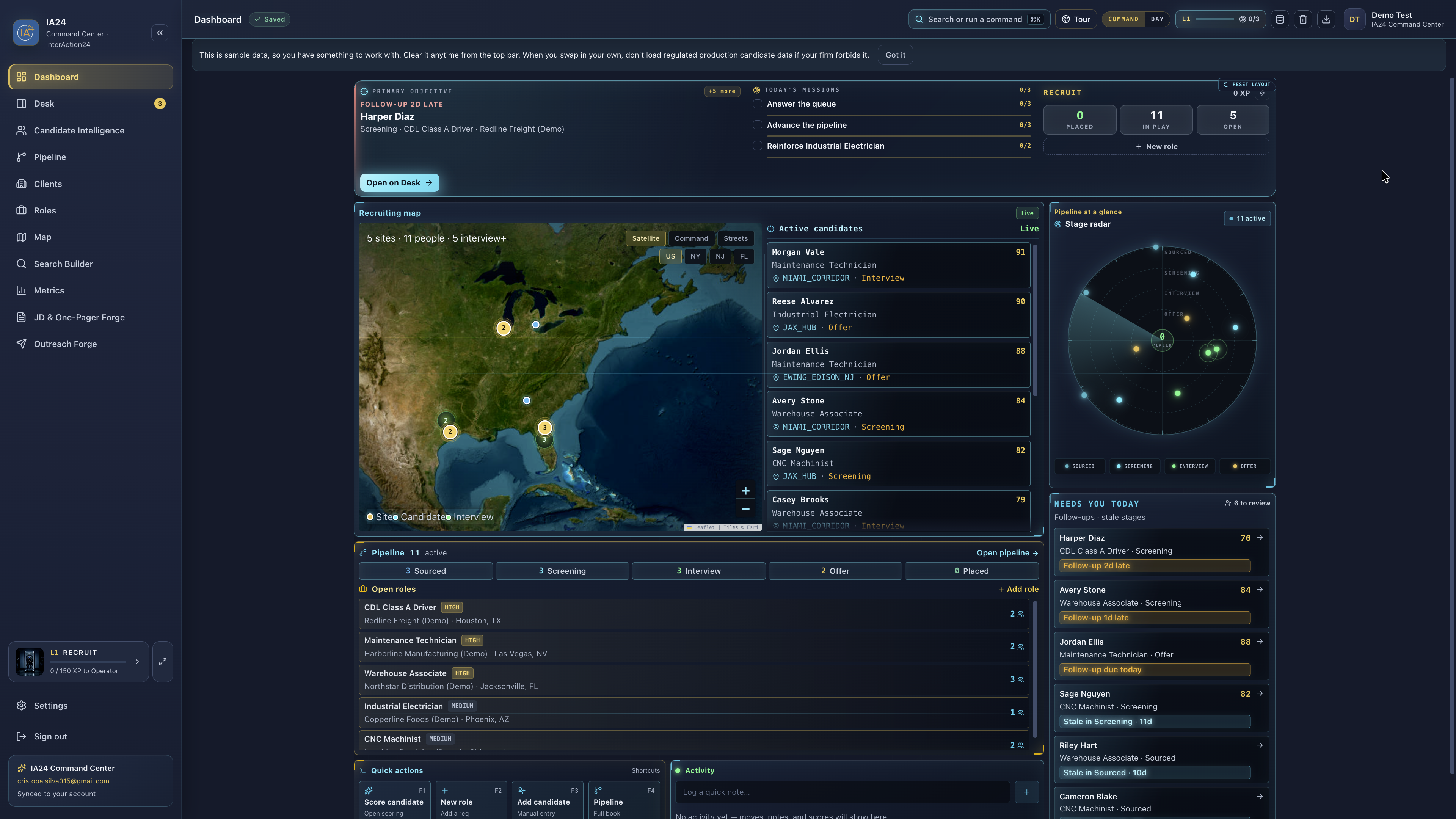 IA24 sample dashboard: primary objective, recruiting map, and needs-you.