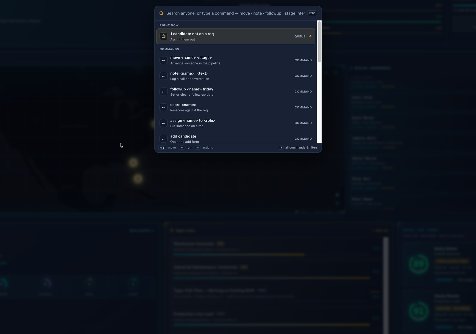 IA24 Command+K palette with commands and queue