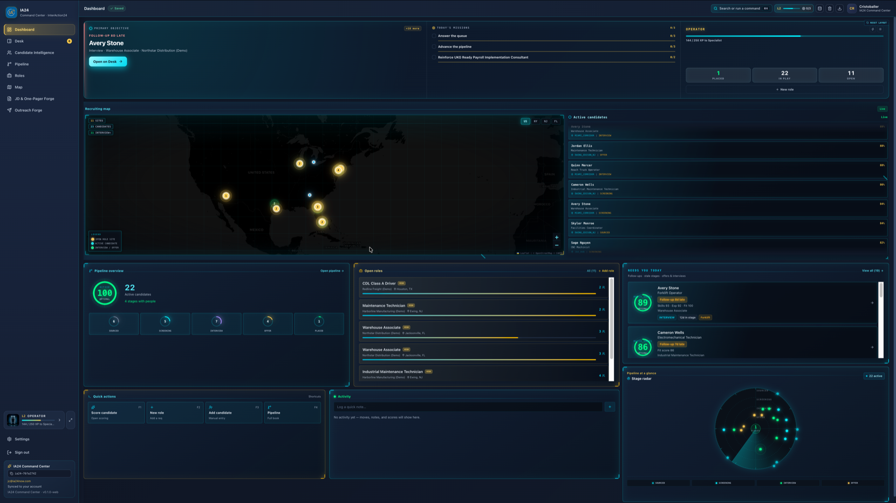 Current IA24 Command Center dashboard with recruiting map, open roles, candidate activity, and operator badge