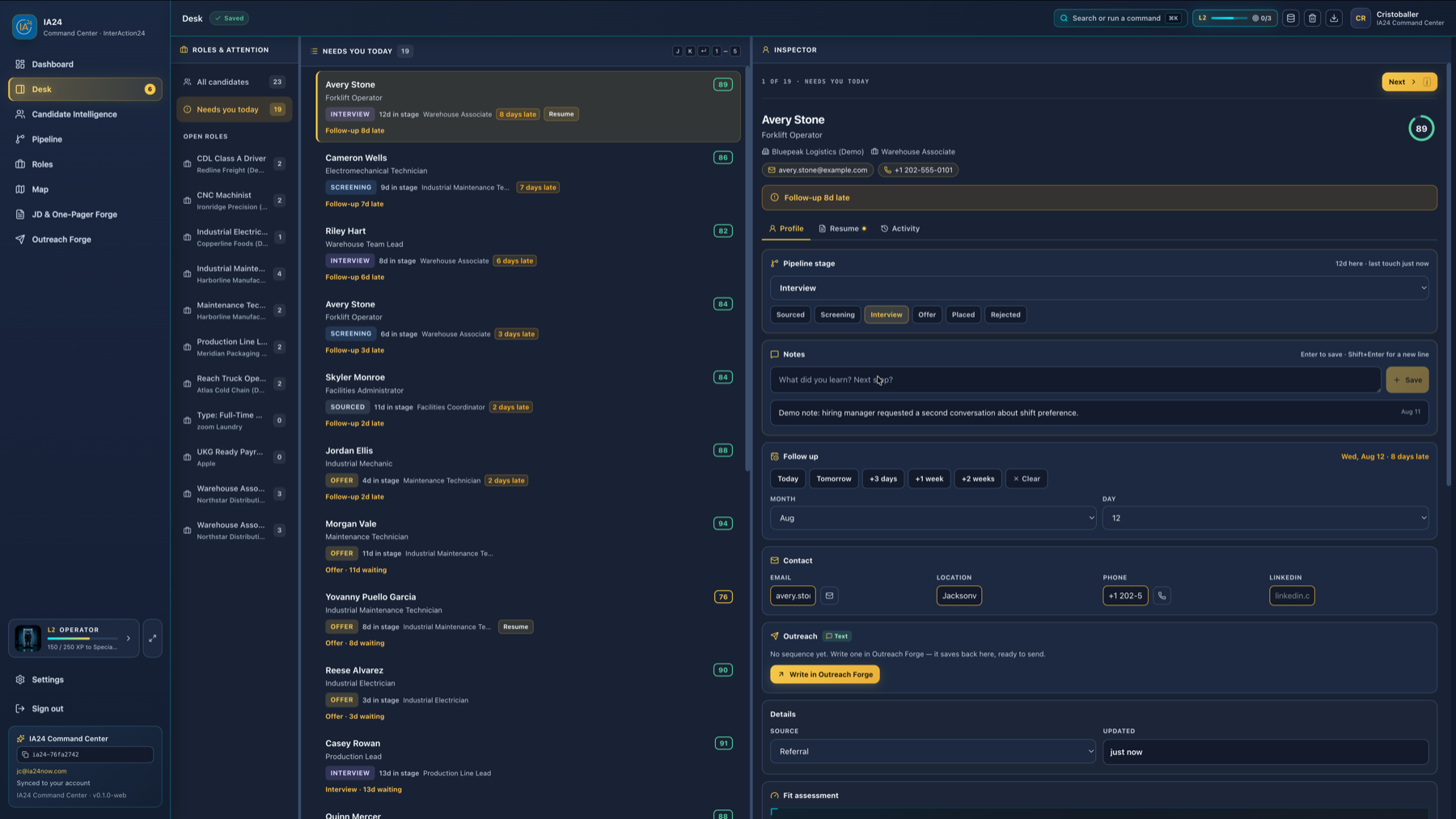 Current IA24 Desk with candidate queue, profile, notes, follow-up, contact, and outreach controls