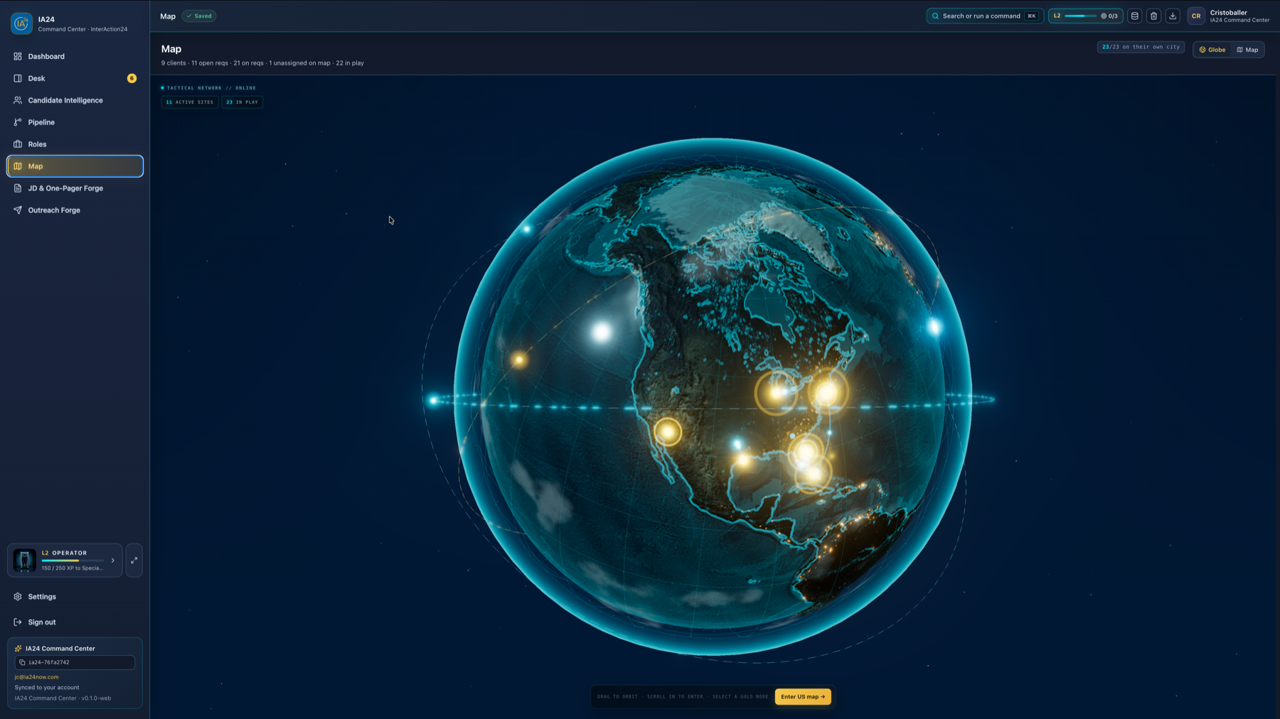 Current IA24 three-dimensional recruiting globe with active site nodes