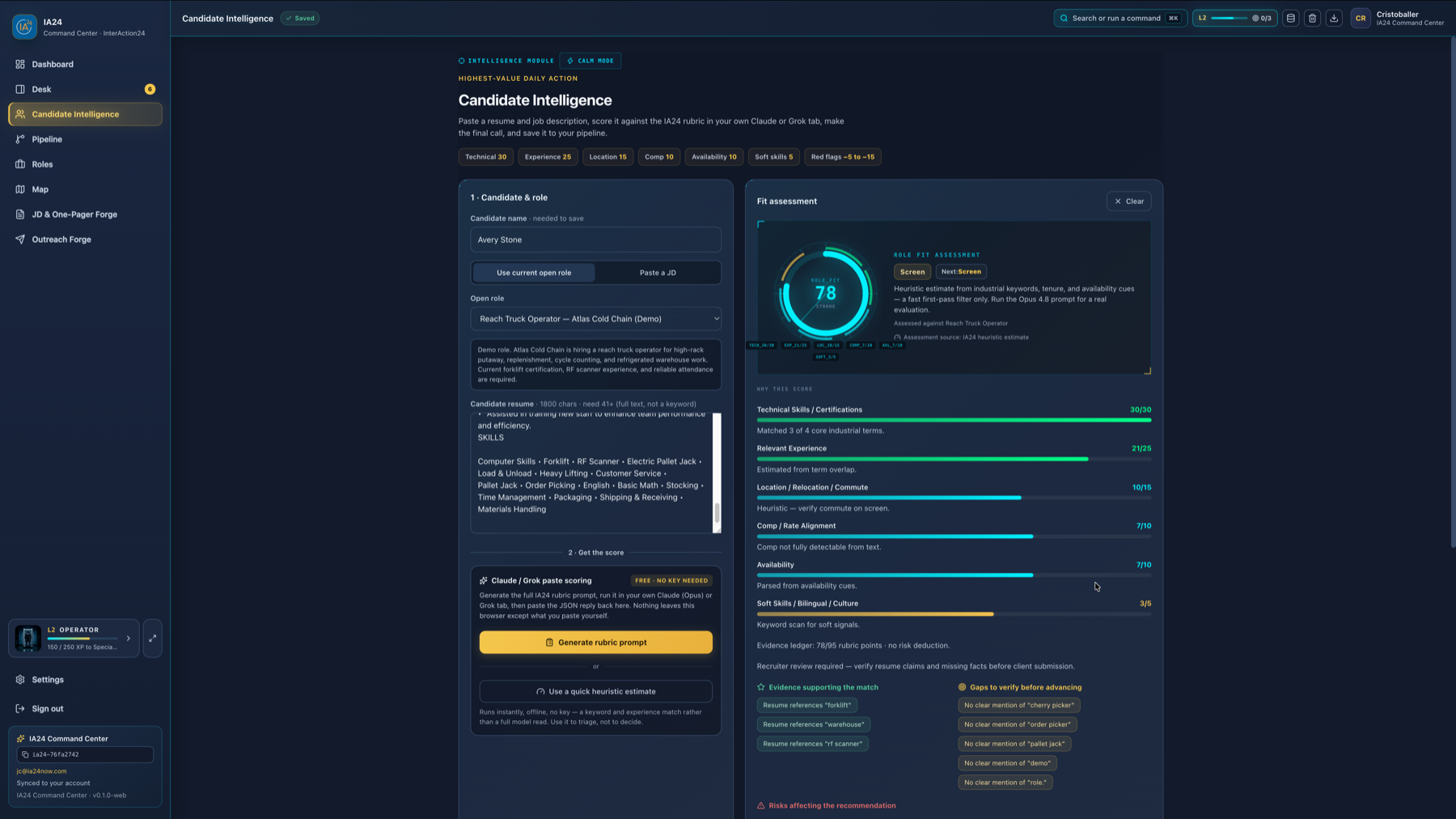 Current IA24 Candidate Intelligence workspace with role criteria, fit score, evidence, and gaps