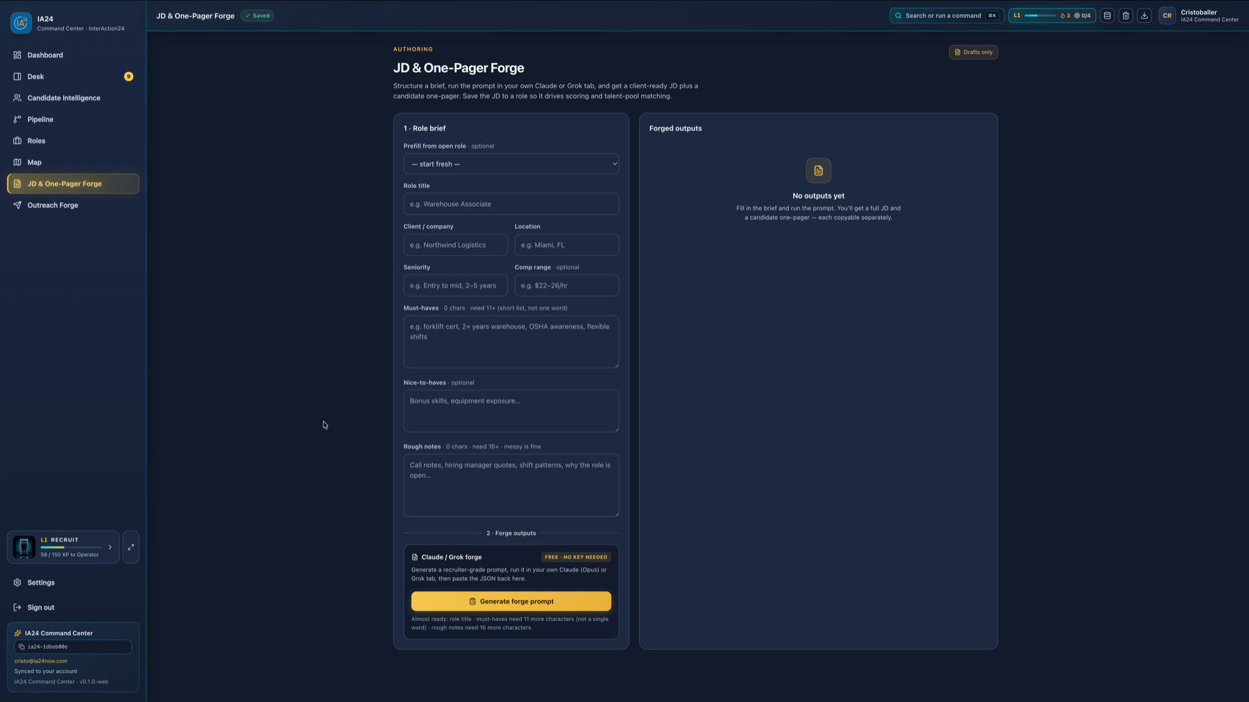 Current IA24 JD and One-Pager Forge with structured role brief and prompt controls