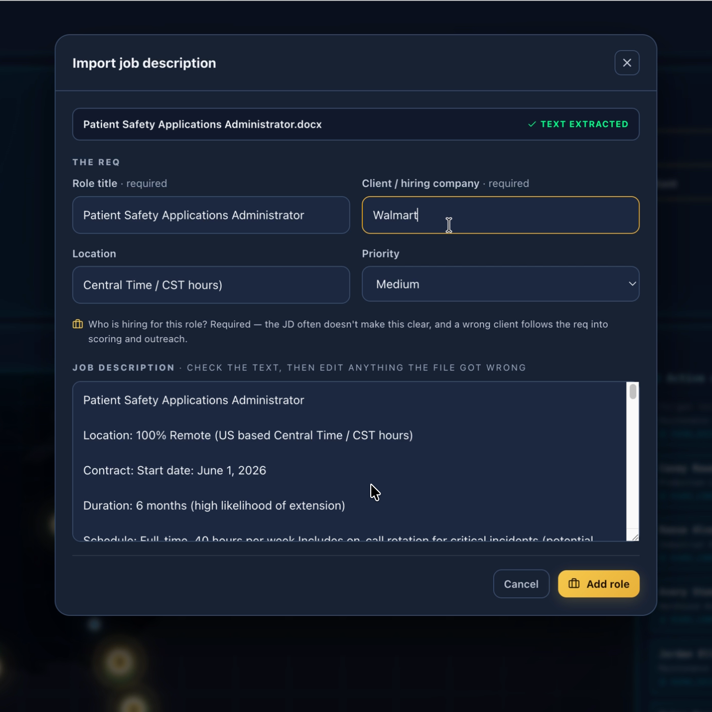 IA24 job description import review with extracted role details ready to add