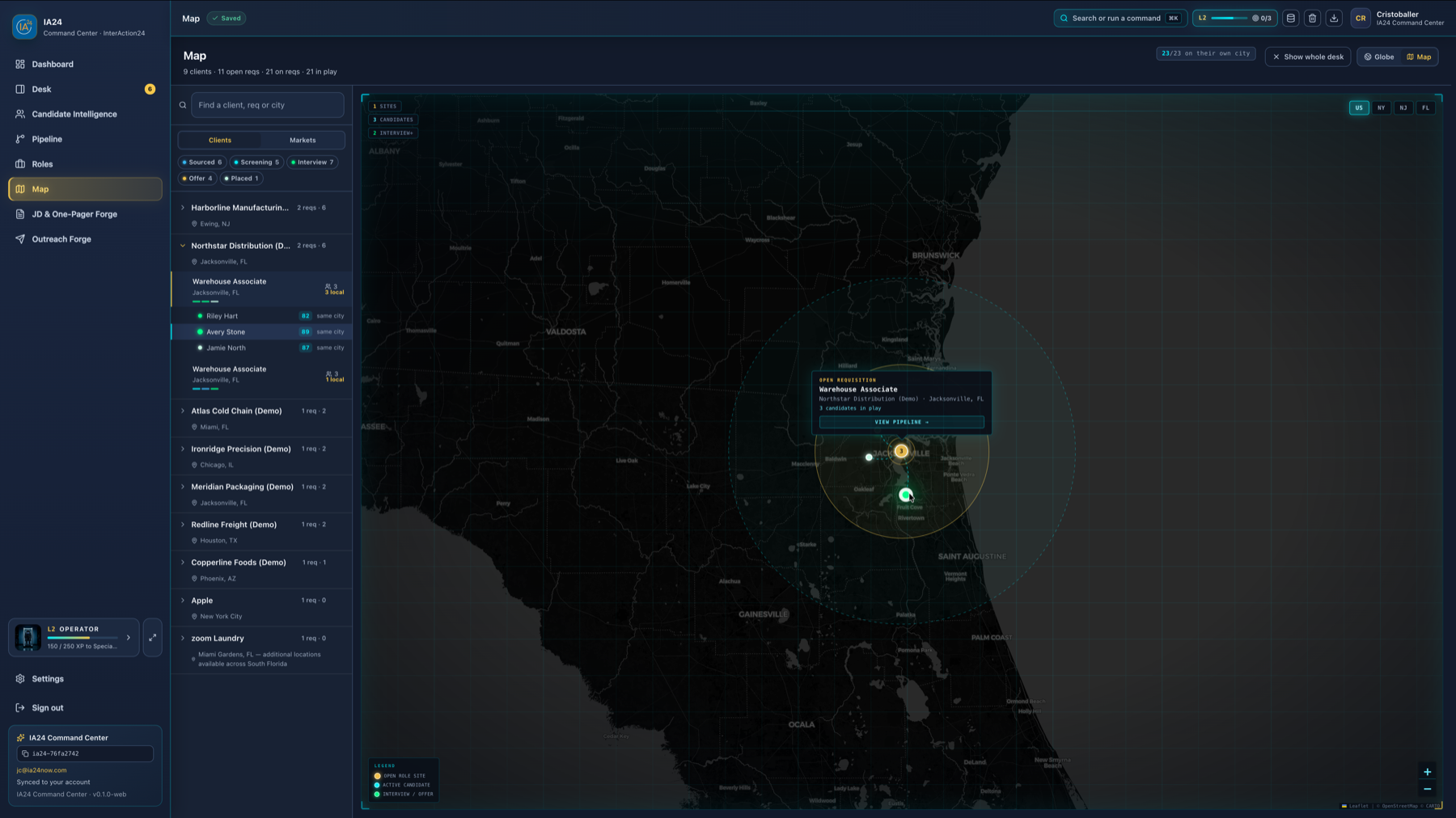 Current IA24 metro map focused on an open requisition and nearby candidates