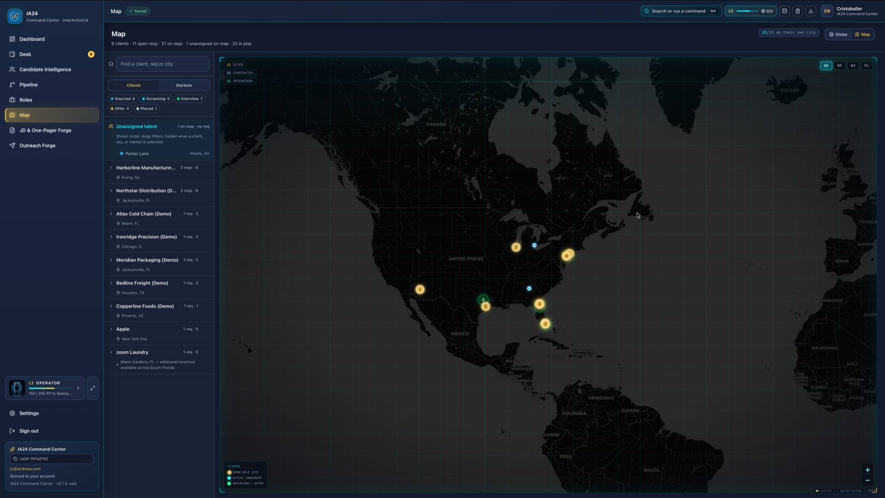 Current IA24 national recruiting map with client roster and active site nodes
