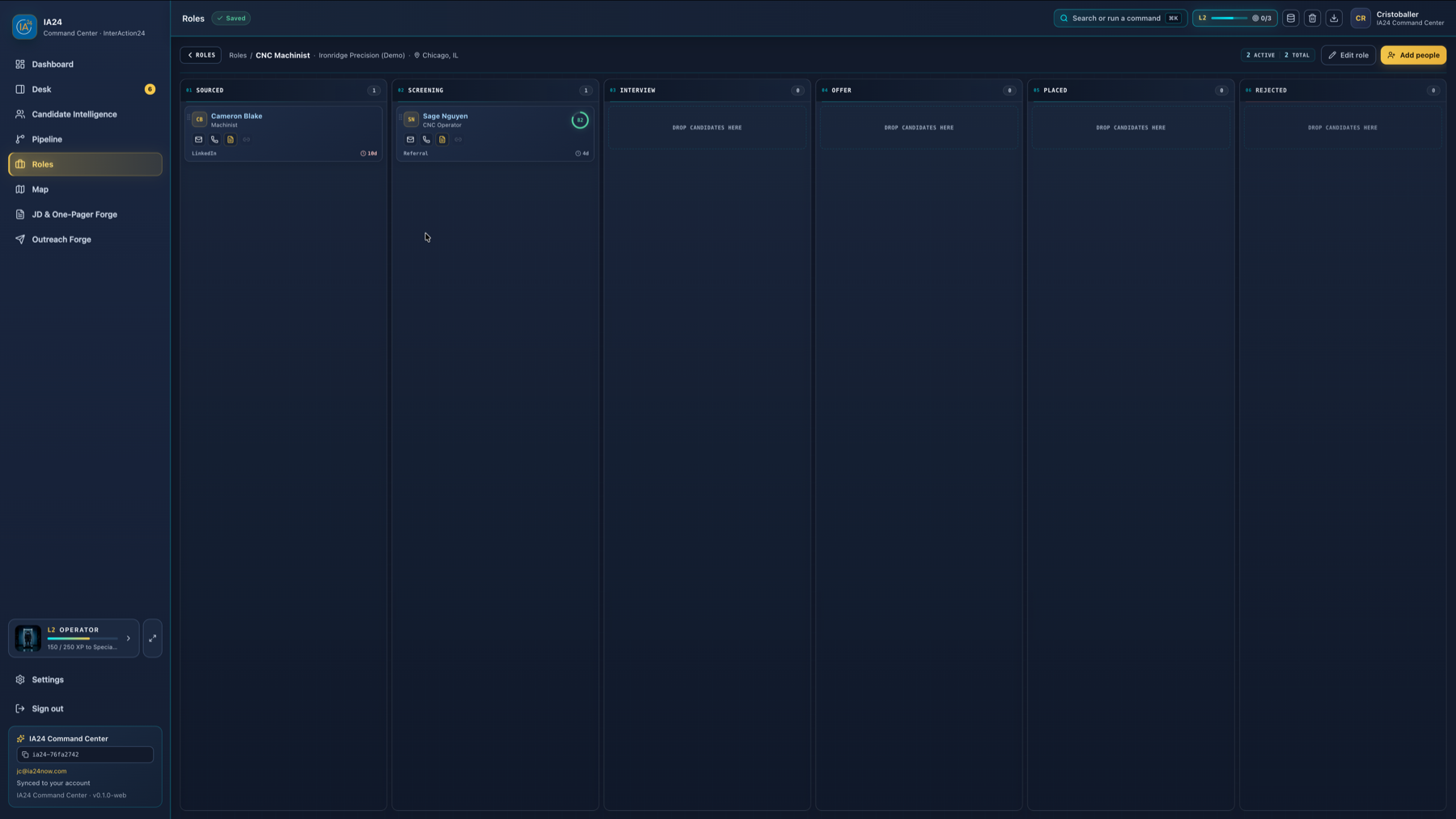 Current IA24 role-specific pipeline board from sourced through placed