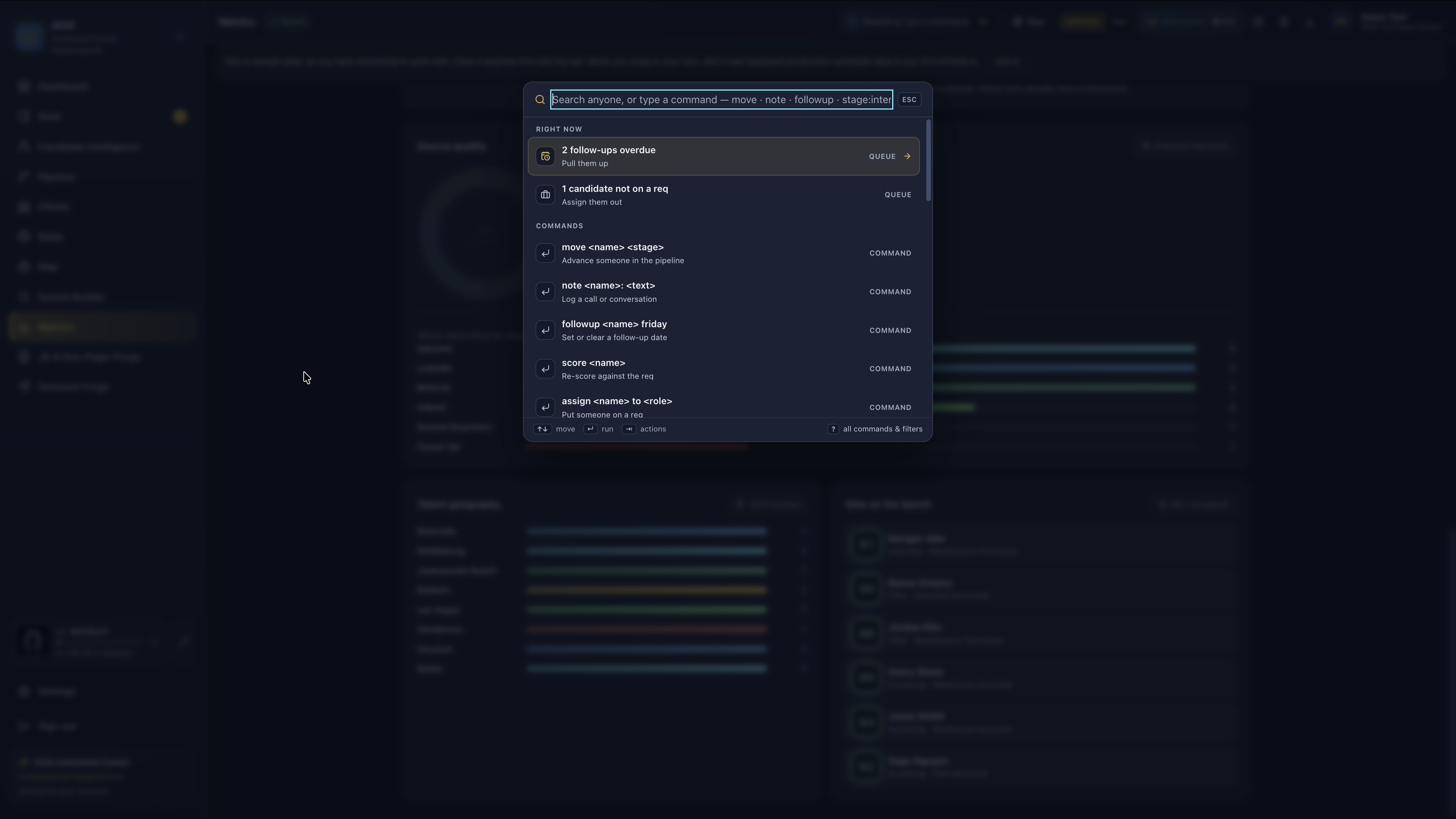 Command palette: search anyone, or type a command for move, note, follow-up, stage, and score.