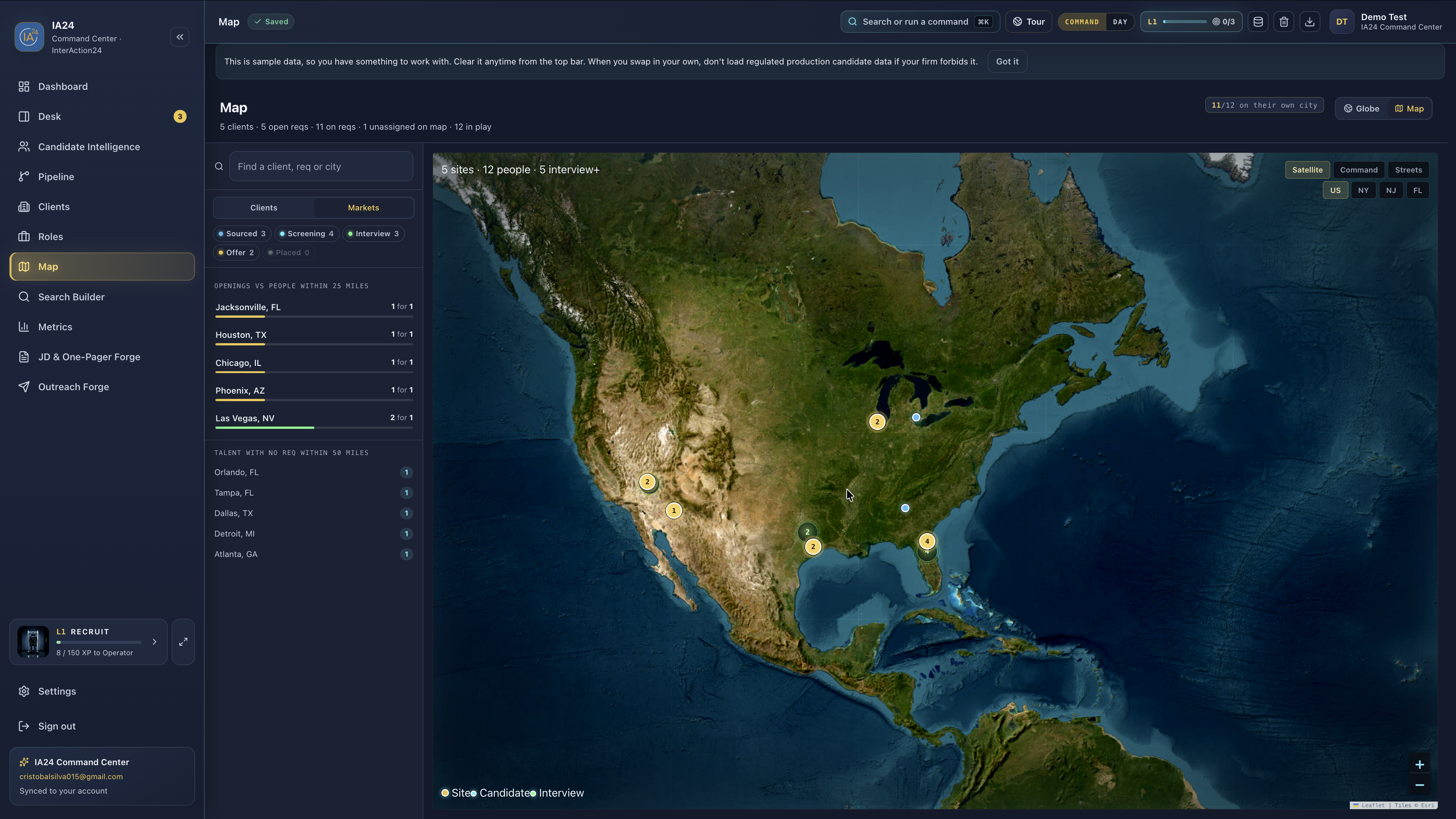 National recruiting map with markets ranked by openings versus people within 25 miles.