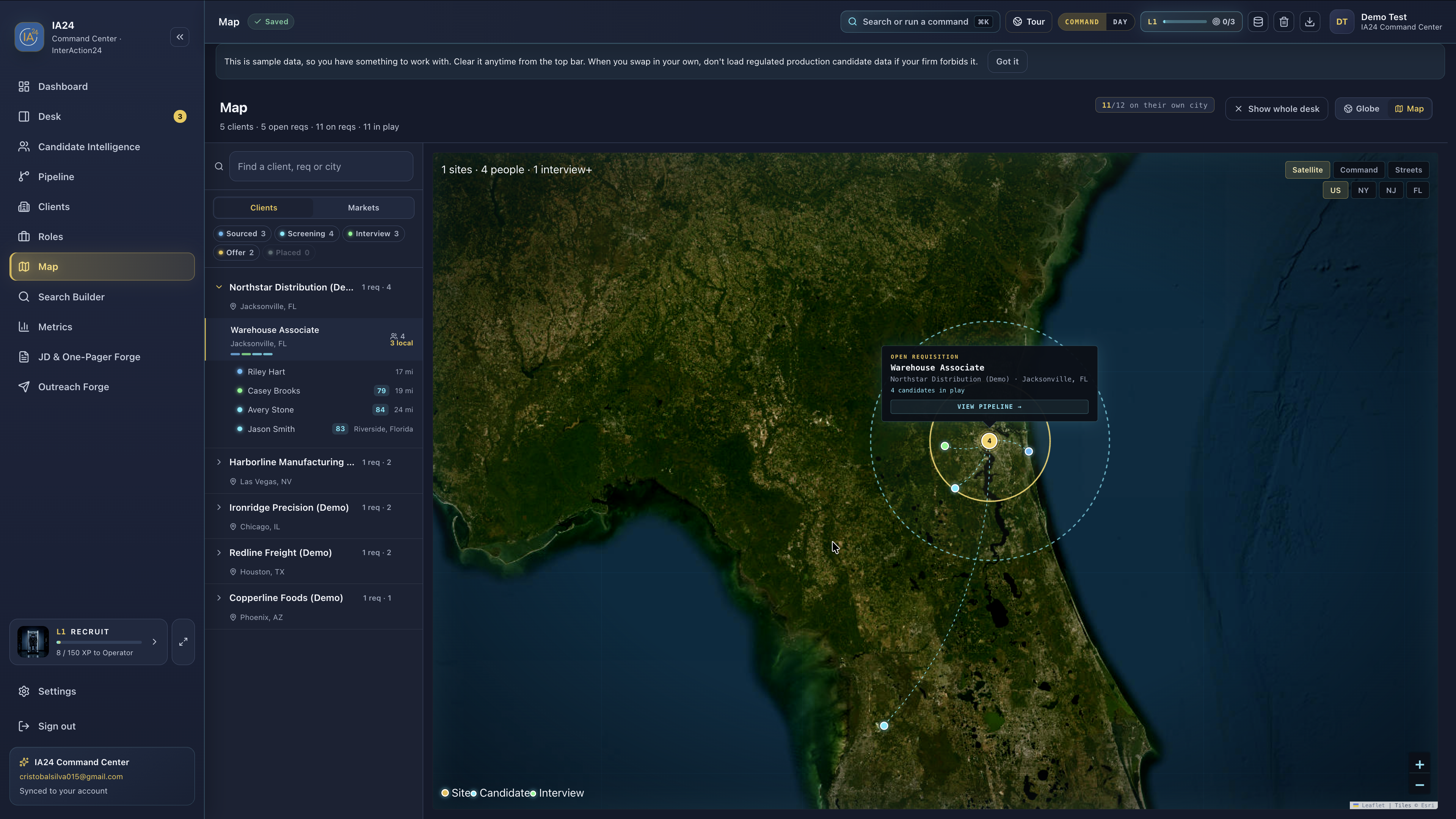 Recruiting map zoomed to a Jacksonville req with candidate pins and commute distances.